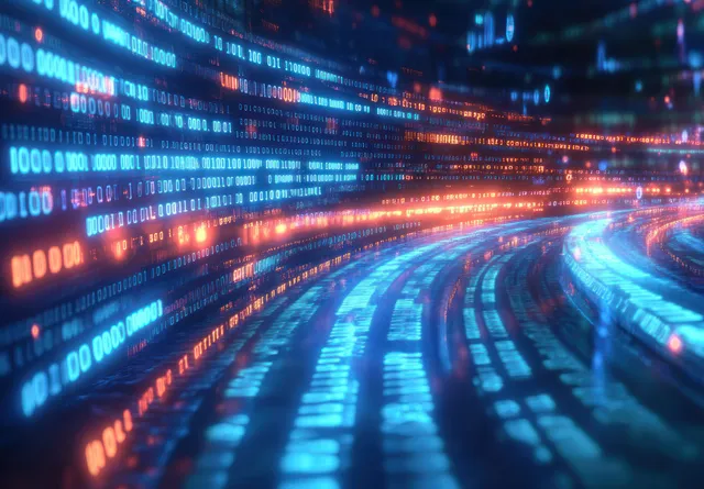 A vibrant cyberpunk landscape showcases flowing binary code, neon lights, and dynamic geometric shapes, evoking a high-tech atmosphere.