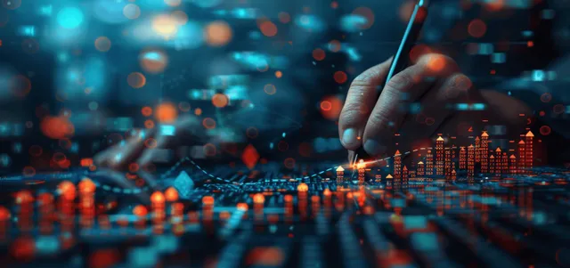 A hand writes on a glowing financial chart with candlestick bars against a dark trading display.