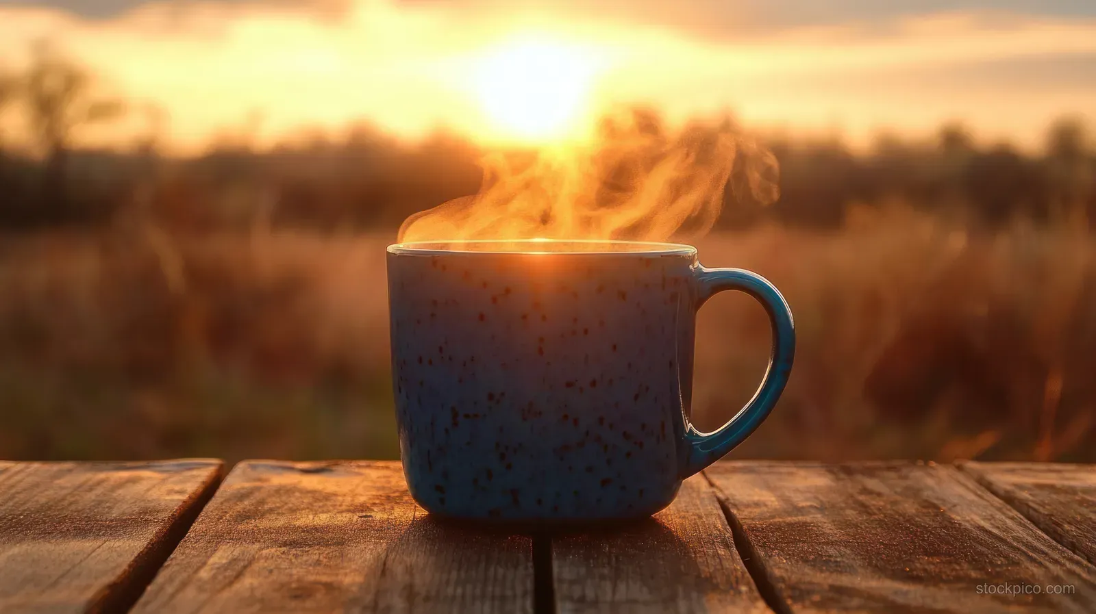 Blue ceramic mug with steam sits on a wooden surface while sunrise light fills the outdoor background.