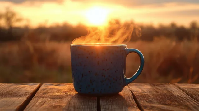 Blue ceramic mug with steam sits on a wooden surface while sunrise light fills the outdoor background.