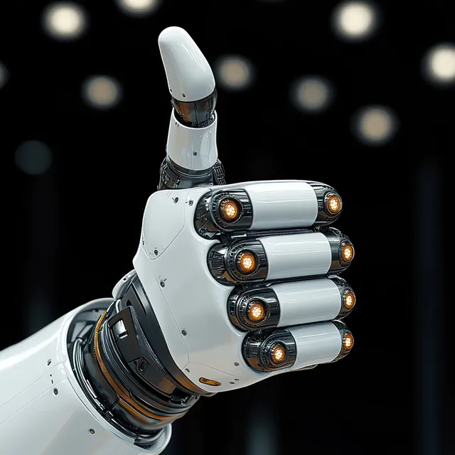 Close-up of a white robotic hand making a thumbs-up gesture with glowing illuminated joints against a dark blurred background.