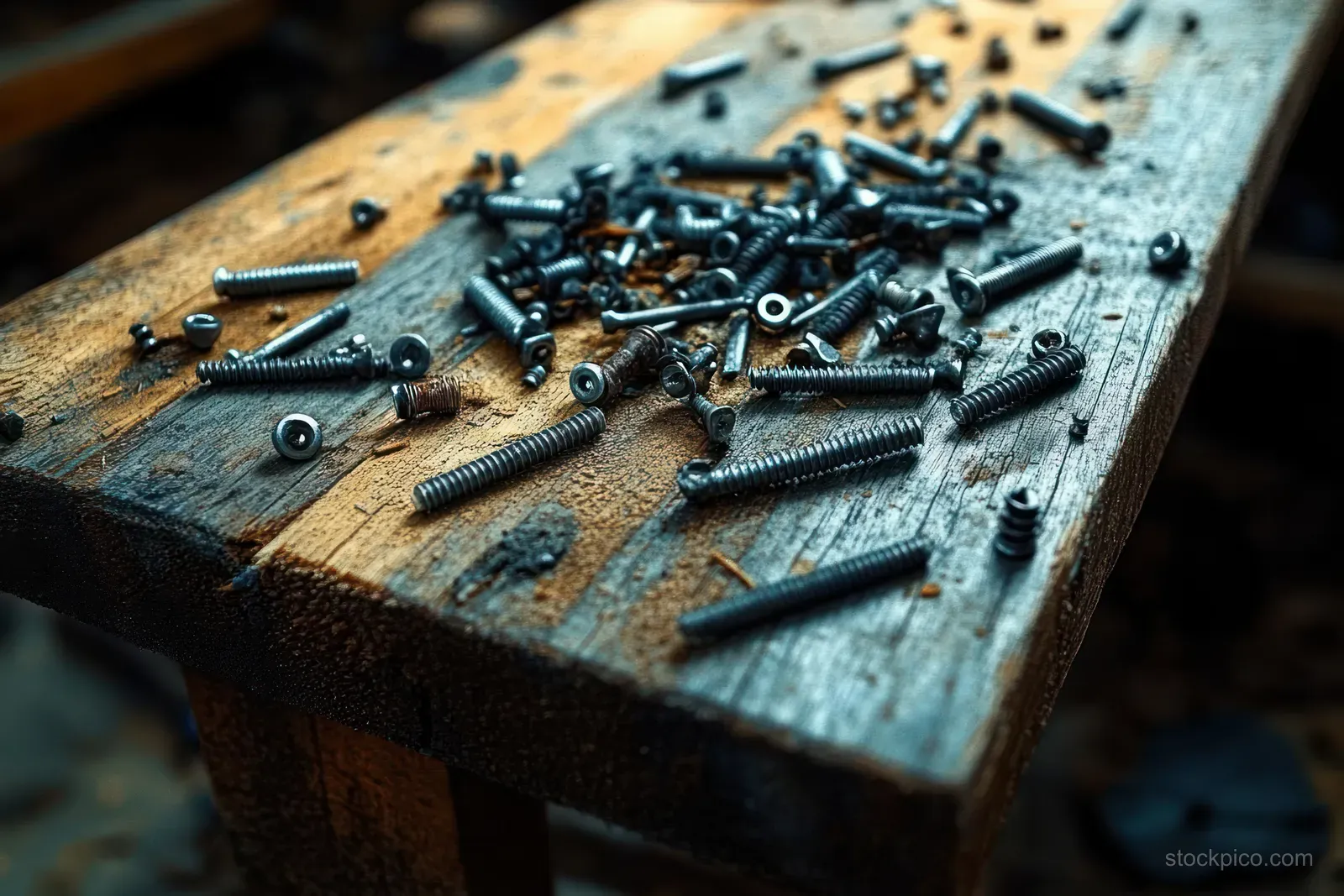 Assorted screws and bolts lie scattered on a worn wooden workbench in a dim workshop.