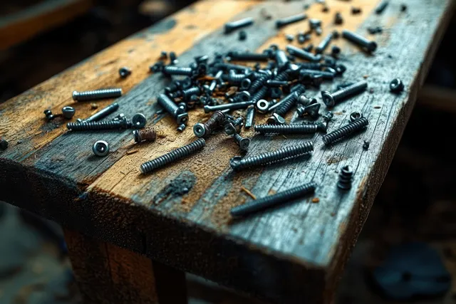 Assorted screws and bolts lie scattered on a worn wooden workbench in a dim workshop.