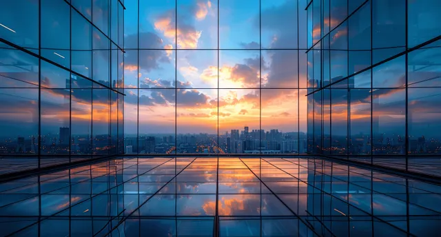 Glass office tower reflects Beijing sunset colors across a wide urban courtyard