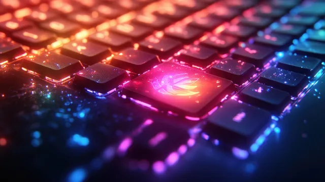 Colorful glowing logo on keyboard keys in close-up