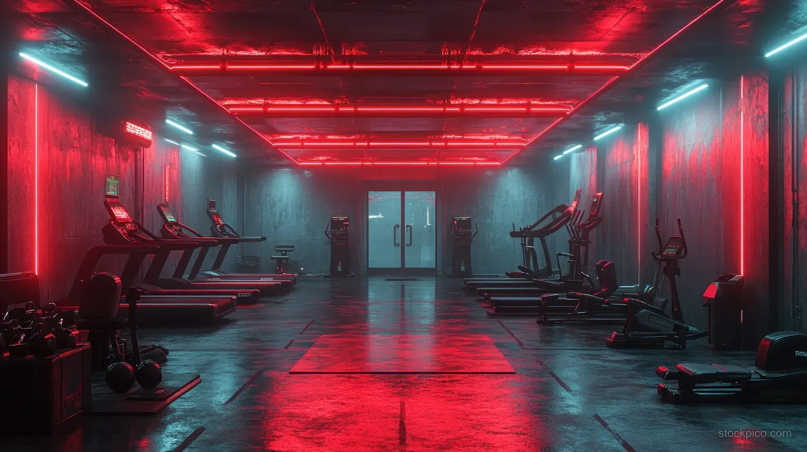 Empty cyberpunk gym corridor with red neon lighting, treadmills, and weight equipment on both sides.