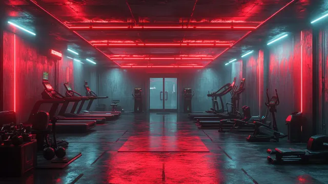 Empty cyberpunk gym corridor with red neon lighting, treadmills, and weight equipment on both sides.