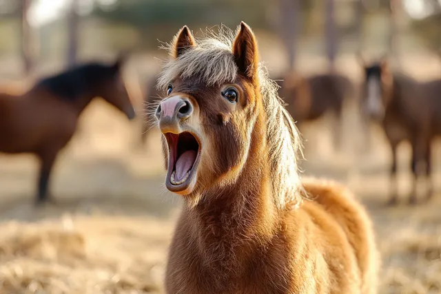 Young brown pony neighs with its mouth wide open while other horses blur in the sunlit paddock behind.