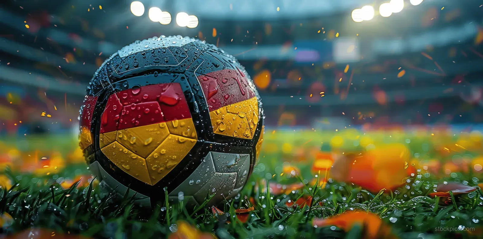 Close-up soccer ball painted with German flag colors on grass in a lit stadium with blurred stands behind.