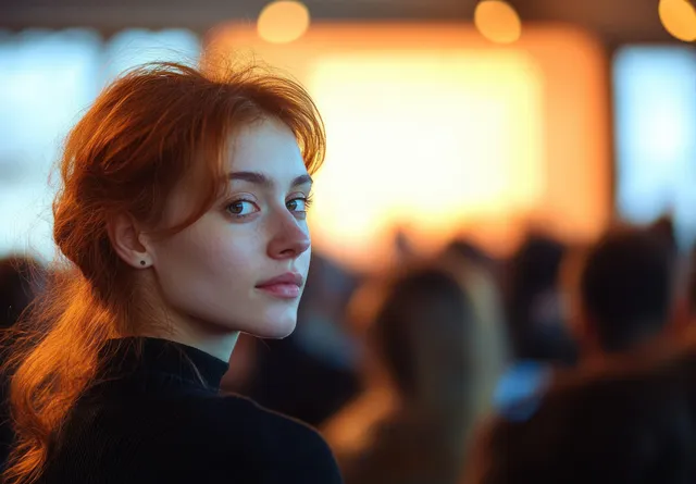 An entrepreneur in the foreground listens to a speaker while an audience sits in a conference lecture hall.