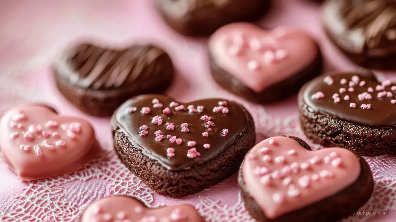 Heart-shaped chocolate and pink frosted cookies on pink lace fabric, decorated with tiny sugar sprinkles.