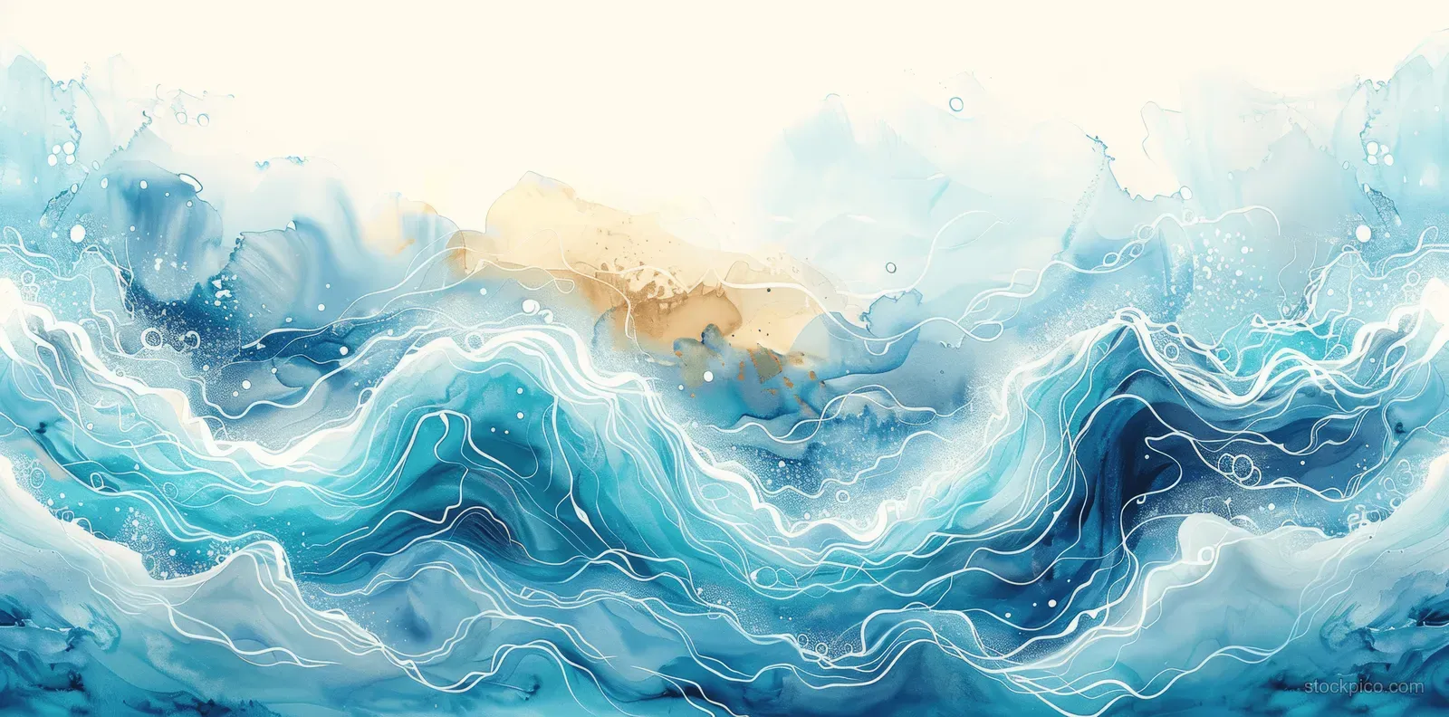 Pastel watercolor waves roll in turquoise tones with foamy highlights across a bright blue seascape.
