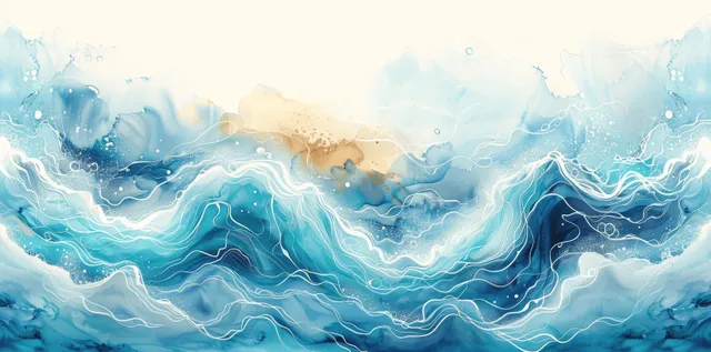 Pastel watercolor waves roll in turquoise tones with foamy highlights across a bright blue seascape.