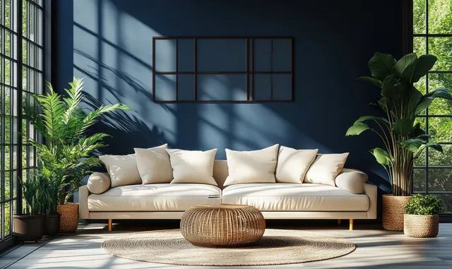 Beige sofa with pillows sits on a light rug beneath a deep navy wall panel, with potted plants and sun rays through tall windows.