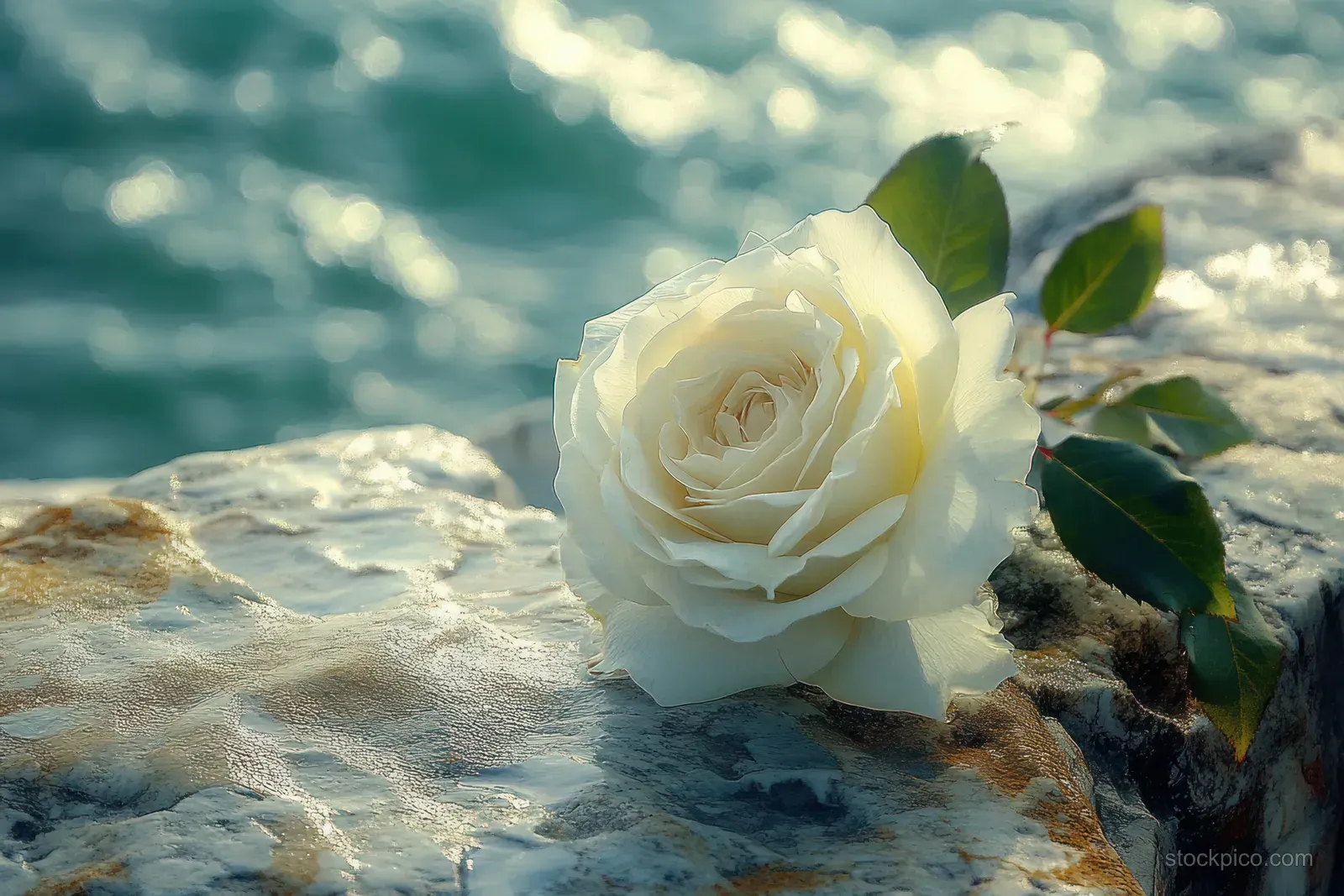 White rose on wet rocky shore with ocean waves in the background.