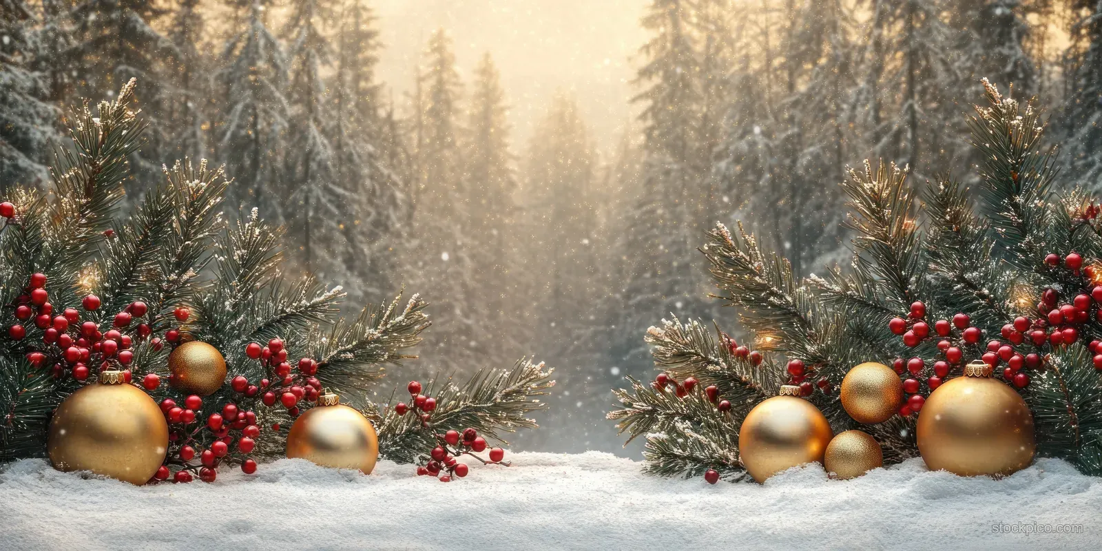 Golden Christmas ornaments and pine branches with red berries sit on snowy ground before a misty forest of tall trees.