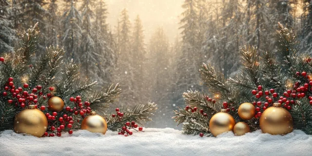 Snowy forest background with golden ornaments, pine branches, and red berries