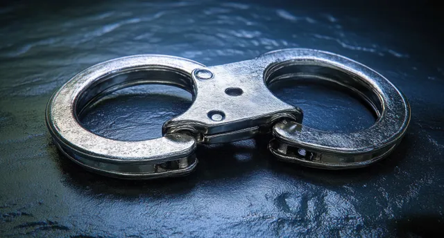 Locked metallic handcuffs rest on a dark textured surface with reflective metal rings visible.