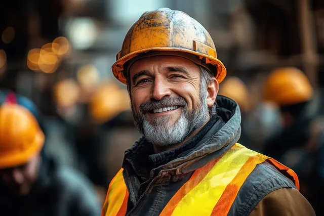Smiling mature construction worker posing on a busy jobsite wearing a worn yellow hard hat and reflective vest.