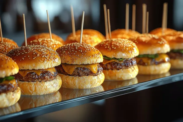 Close-up of several cheeseburgers on sesame buns with melted cheese, lined up and held by wooden skewers.