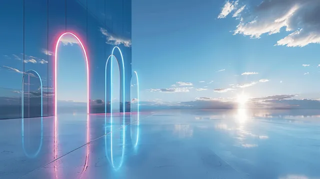 Minimalist futuristic glass buildings rise above a concrete floor under a clear sky, showcasing reflective geometry and symmetry.