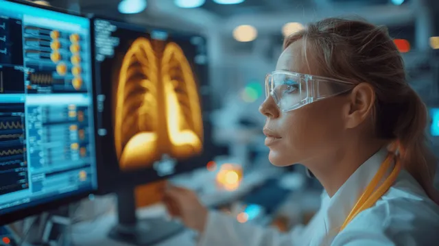 A radiologist views a chest X-ray on a computer monitor in a hospital radiology office.