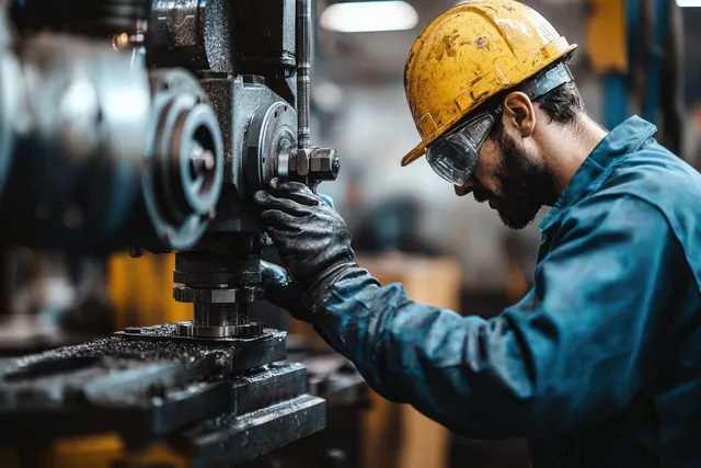 Factory technician using a tablet to measure machine parts during industrial production