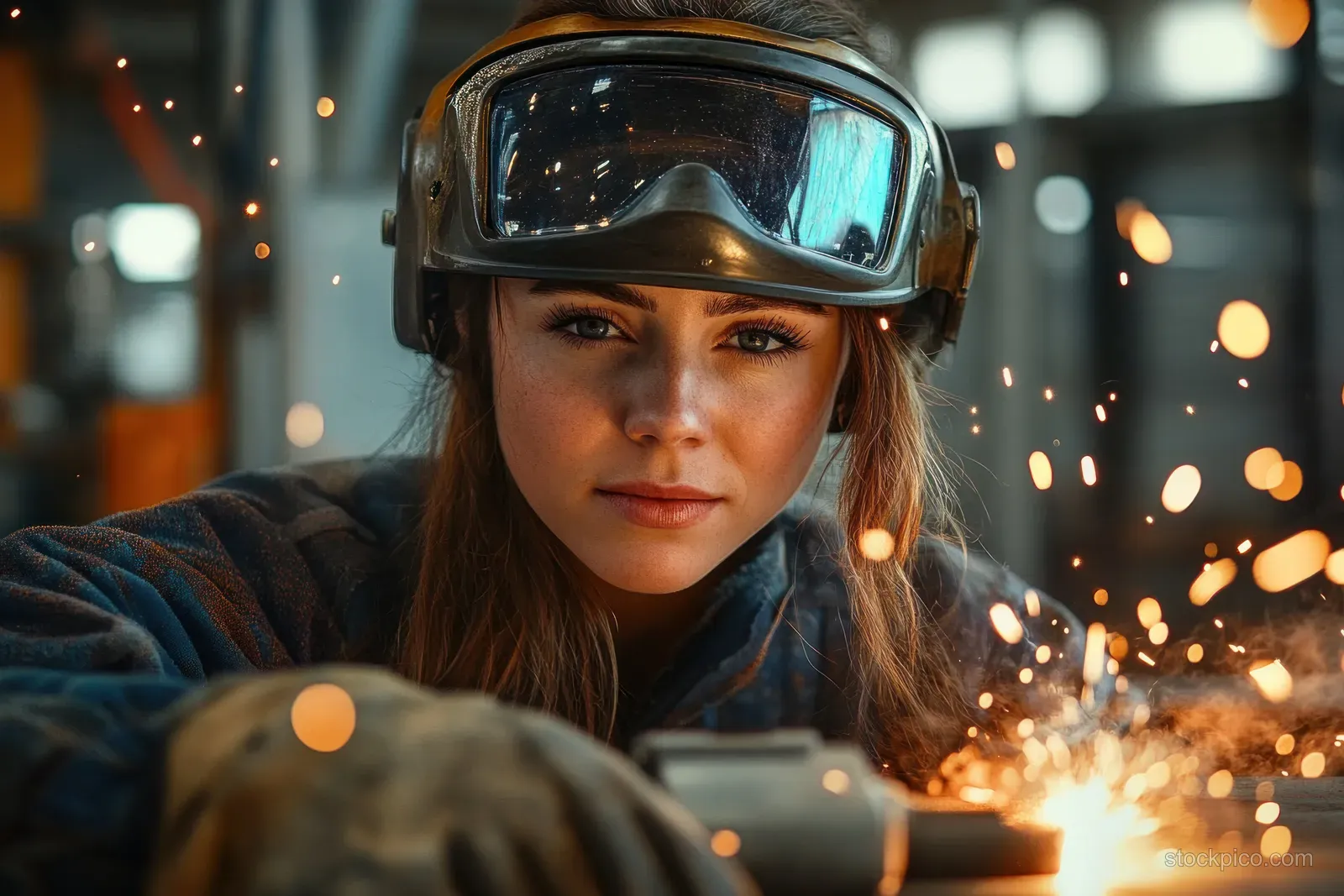 A woman welds metal in an industrial workshop wearing protective goggles, with sparks flying around her.