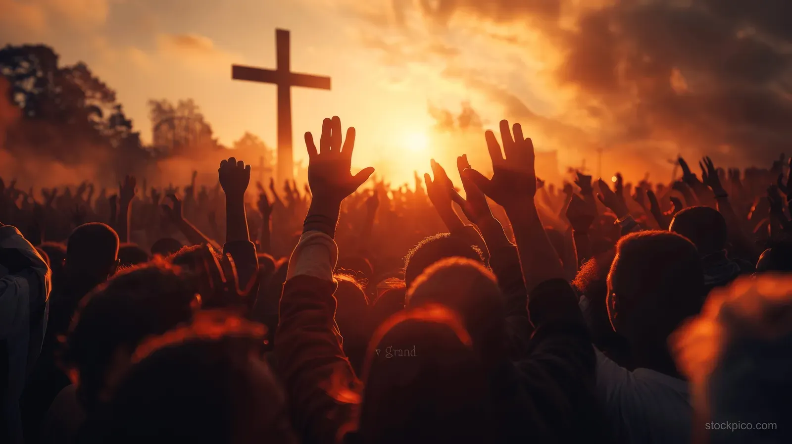 A crowd worships with raised hands in silhouette beside a lit cross under a glowing sunset sky.