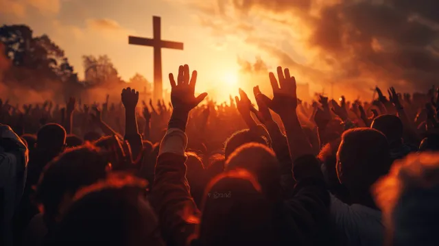 A crowd worships with raised hands in silhouette beside a lit cross under a glowing sunset sky.