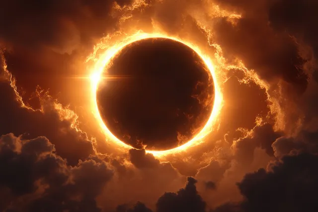 A glowing golden ring corona surrounds a dark sun during a total solar eclipse with dramatic clouds in twilight.