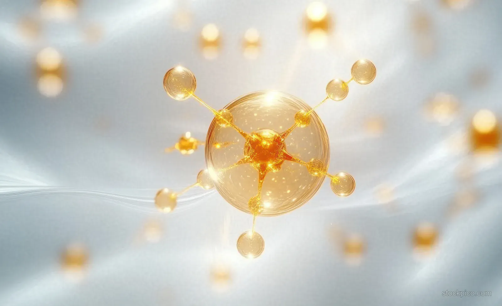 A glowing golden molecule is suspended inside a translucent droplet with small particles and soft blurred light.