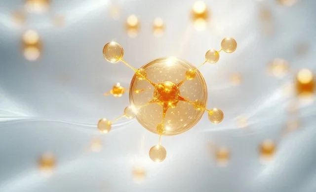 Glowing golden molecule hovering inside translucent skincare droplet with soft bokeh background