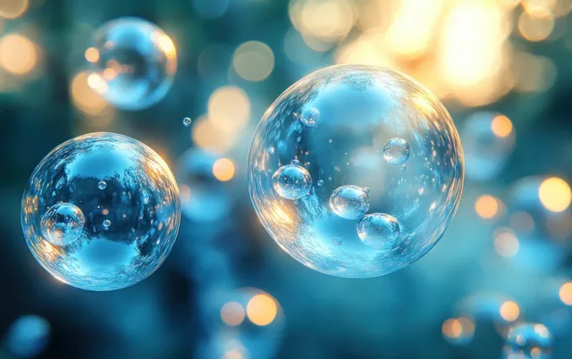 Transparent blue bubbles float in soft glowing light with small reflective spheres inside larger globes.