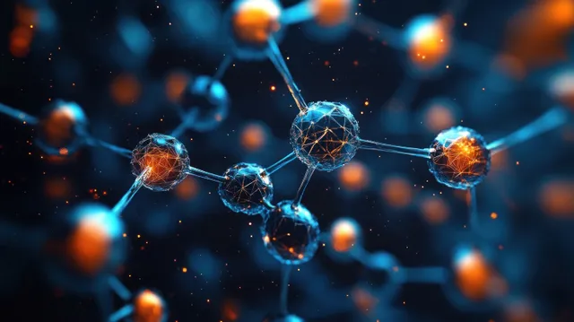 A glowing neon molecular network connects spherical atoms across a dark cyberpunk background.