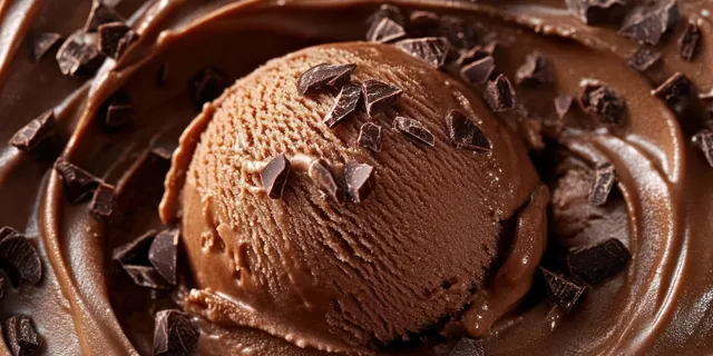 Chocolate ice cream scoop topped with dark chocolate chunks and glossy melted chocolate swirls.