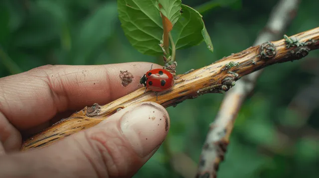 Ladybug perched on twig while a person’s fingers gently hold it outdoors
