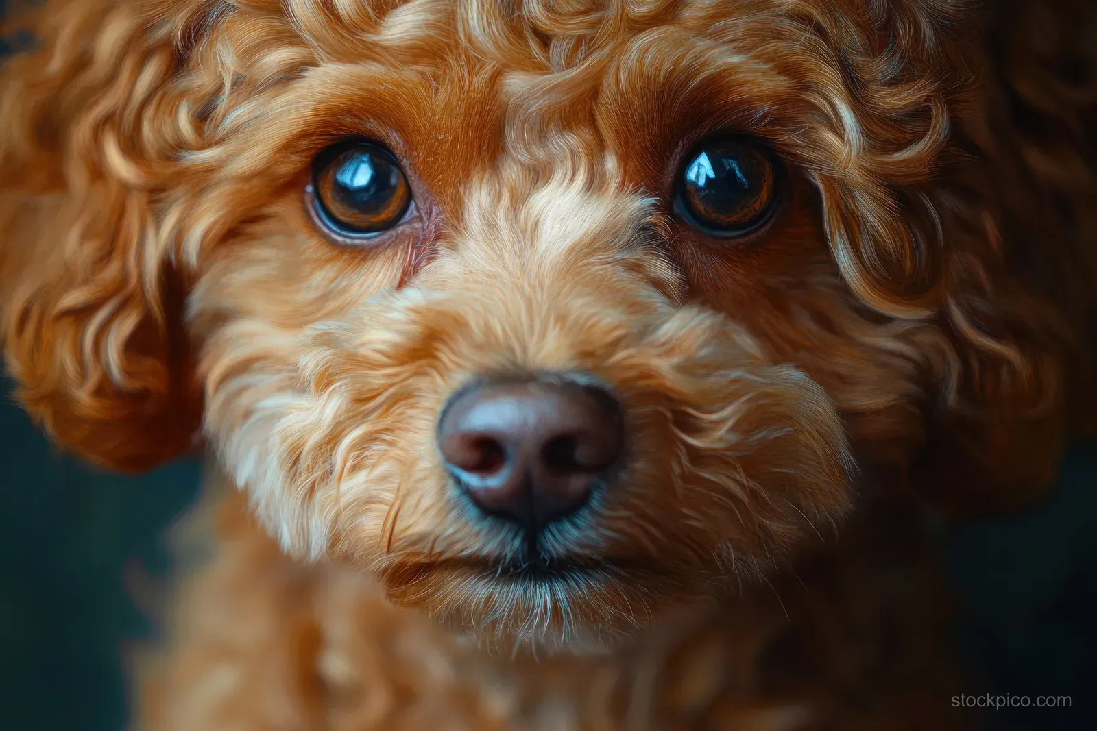 A poodle dog close-up with expressive eyes and curly fur under soft studio lighting.