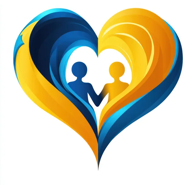 A blue and yellow heart emblem shows two human silhouettes holding hands at the center.