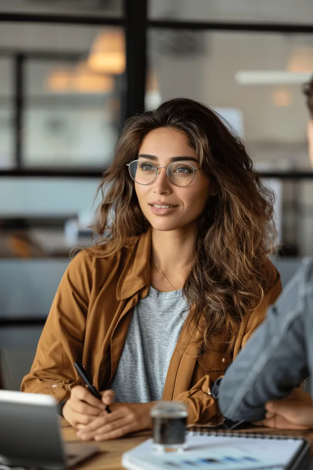 Businesswoman talks with a coach at a desk in a modern office.