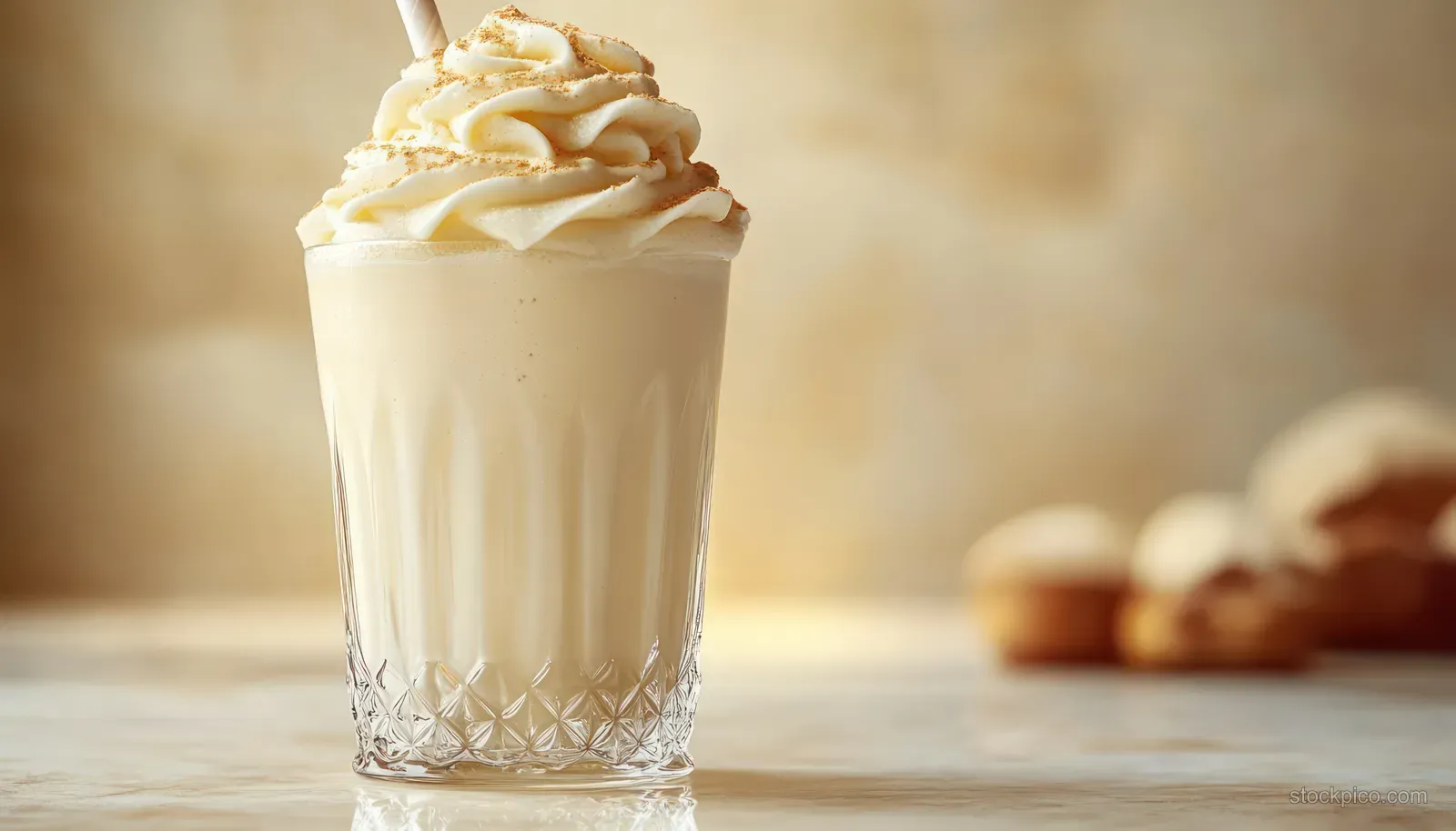 Creamy milkshake in a clear textured glass topped with whipped cream and cinnamon with blurred pastries behind.