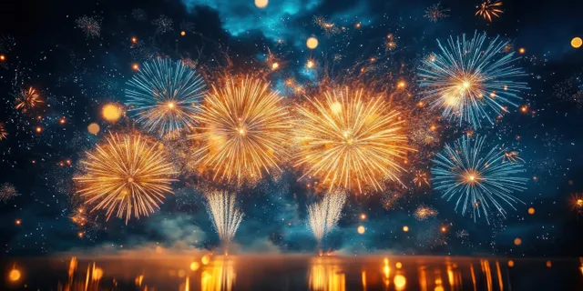 People gather at night as orange and blue fireworks burst above city lights and reflections.