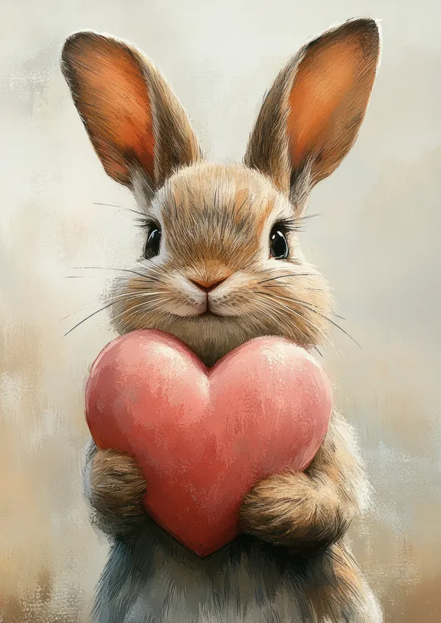 Watercolor rabbit holding a pink heart against a soft pastel background