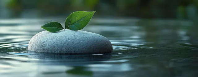 Gray Stone with Green Leaves Floating on Calm Water