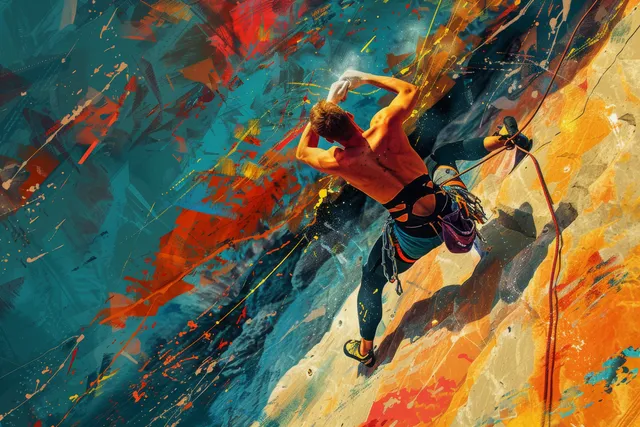 Climber ascends a steep Alpine rock wall, dynamic motion against vivid mountain backdrop