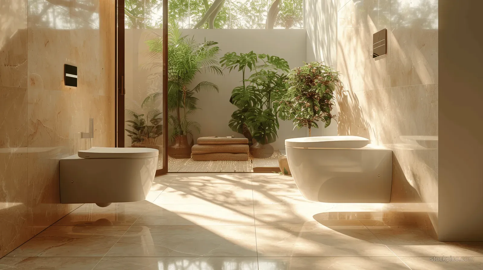 A smart toilet in a sunlit beige-tiled bathroom with a glass divider and green potted plants.