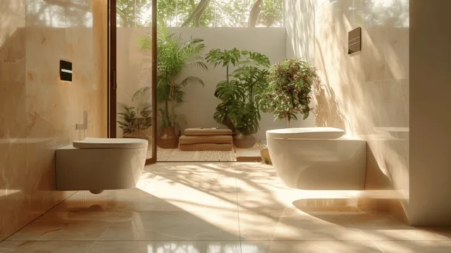 A smart toilet in a sunlit beige-tiled bathroom with a glass divider and green potted plants.