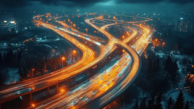 Aerial photo of a lit multi-level highway interchange at night with orange traffic light trails.