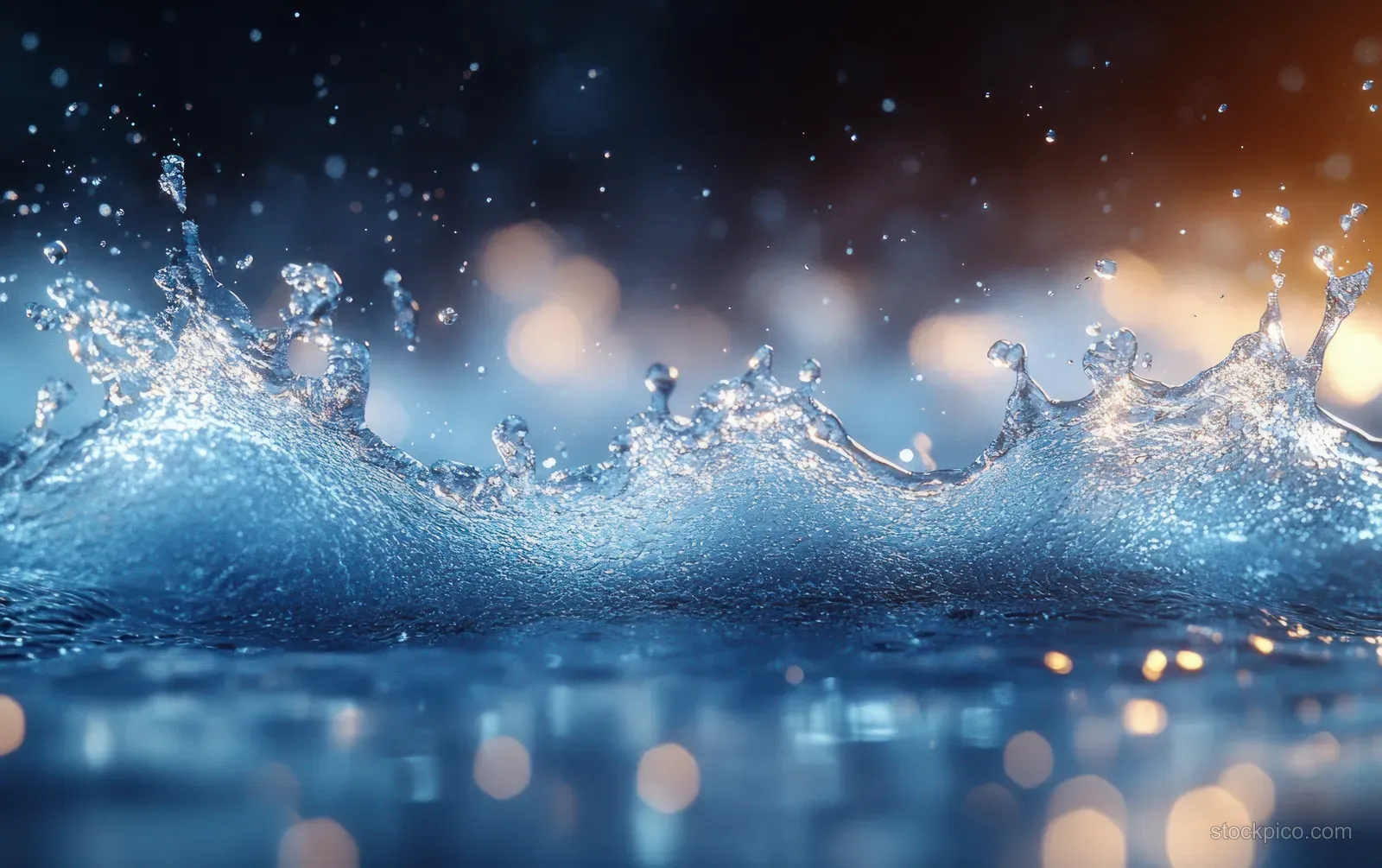 Blue water droplets burst upward, forming splashes and ripples over a glossy dark surface with warm blurred lights.