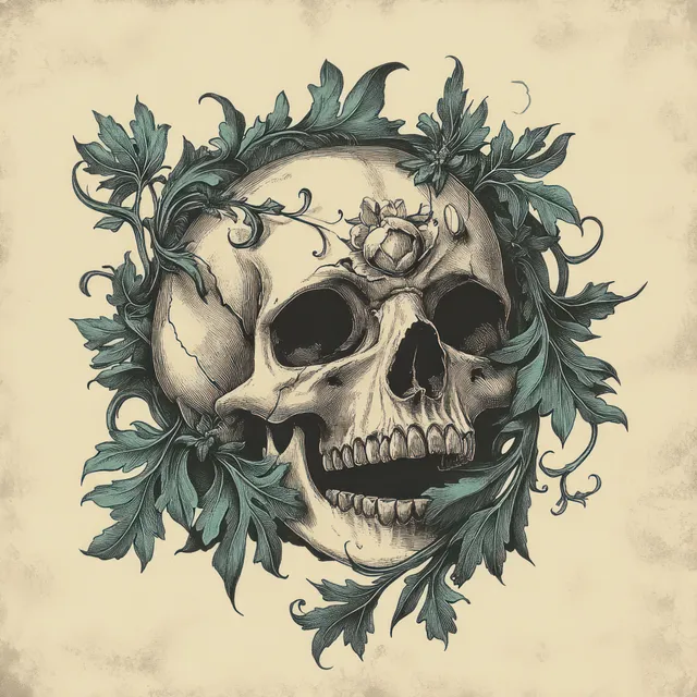 Green vine foliage surrounds a hollow skull illustration on a faded parchment background.